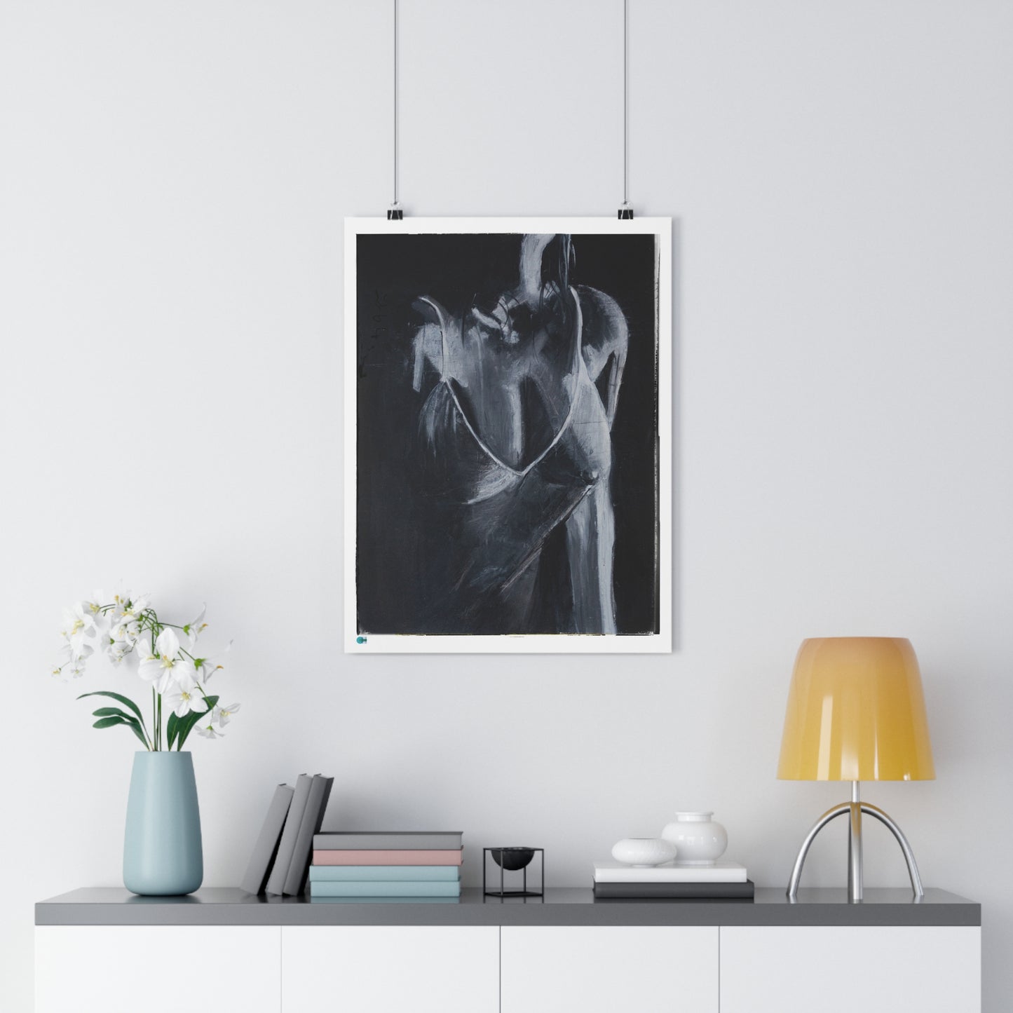 Giclee Art Print of Sexy Lady in See Through Lingerie. Black and White Oil on Canvas Print
