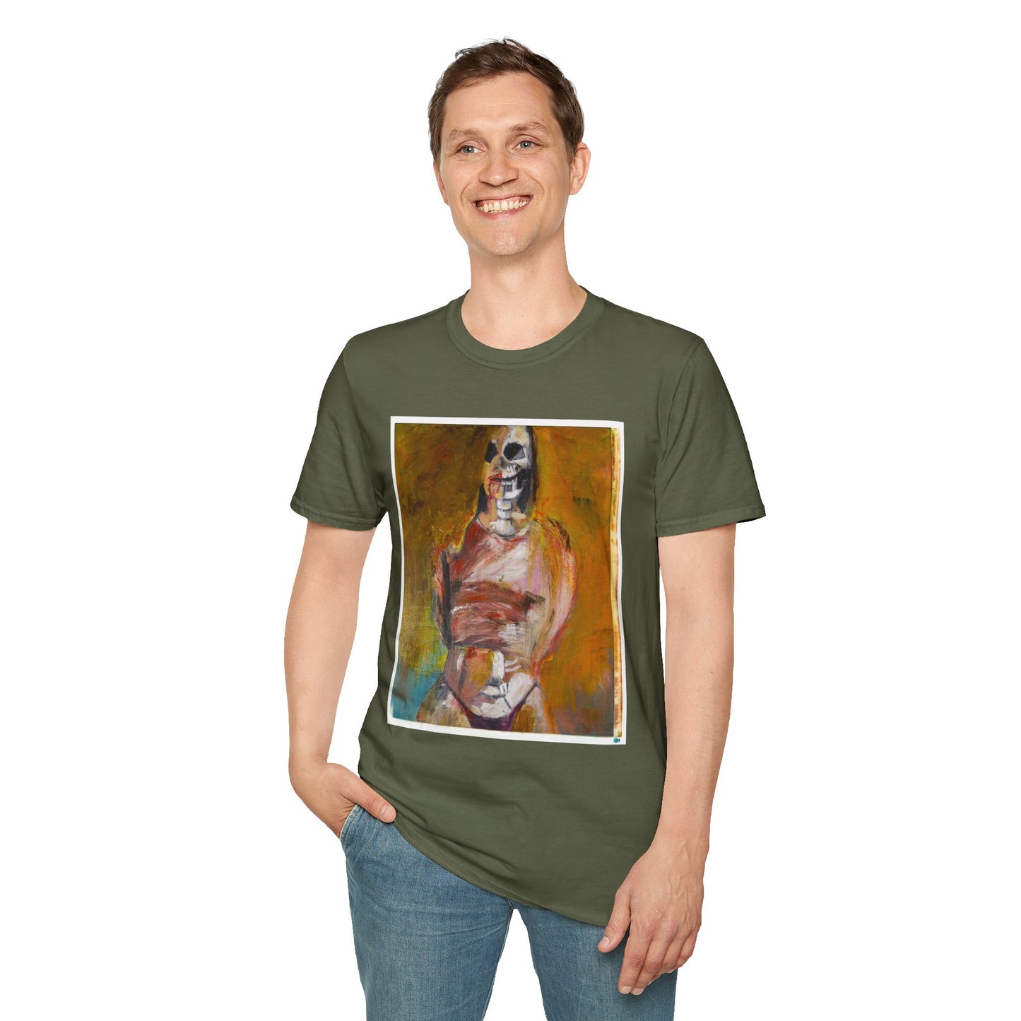 Miss Melina Skeleton Portrait Tee,  Original Oil Paint Design, Unisex Graphic Softstyle T-Shirt for Men and Women