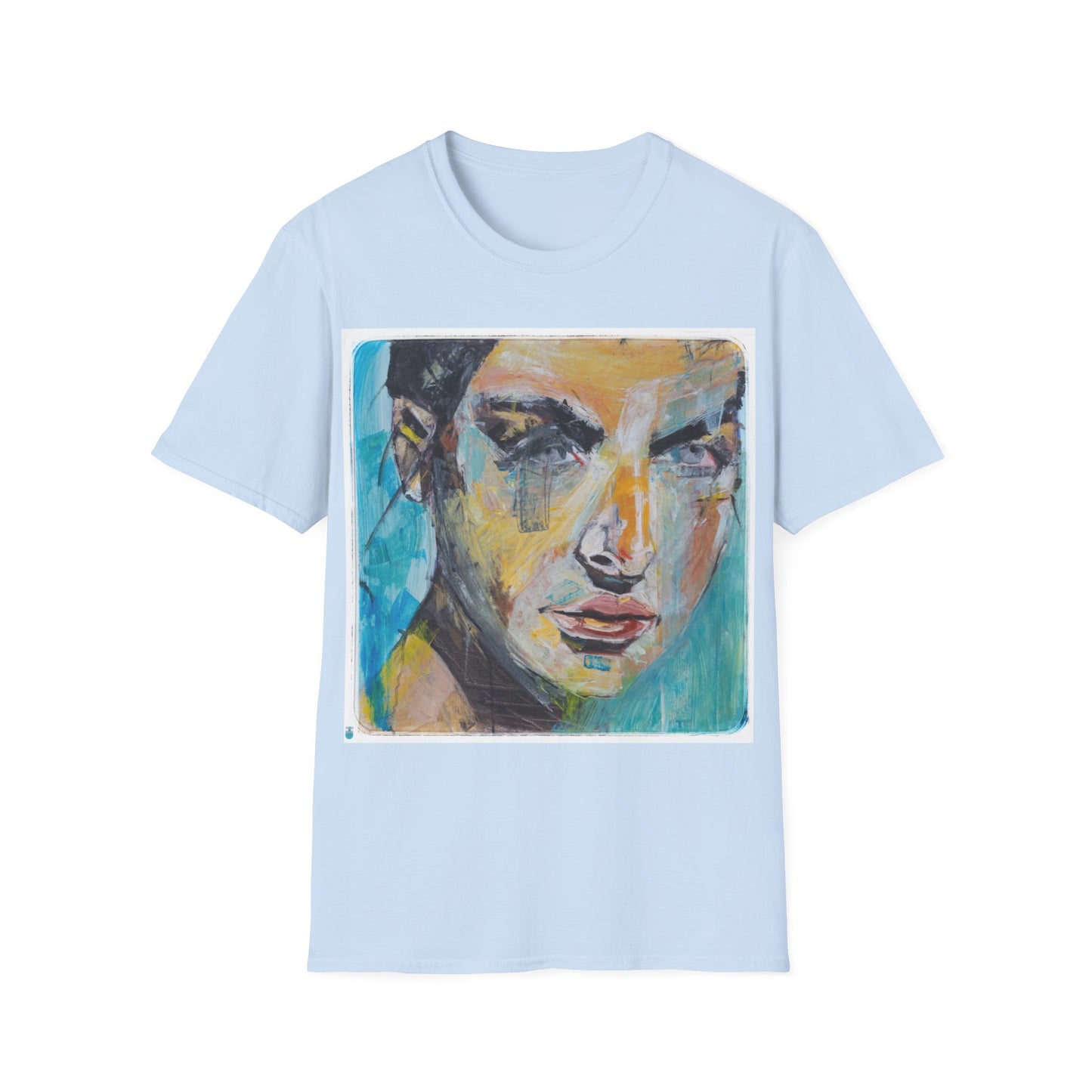 Unisex Softstyle T-Shirt featuring kelly in blue, an original oil painting portrait