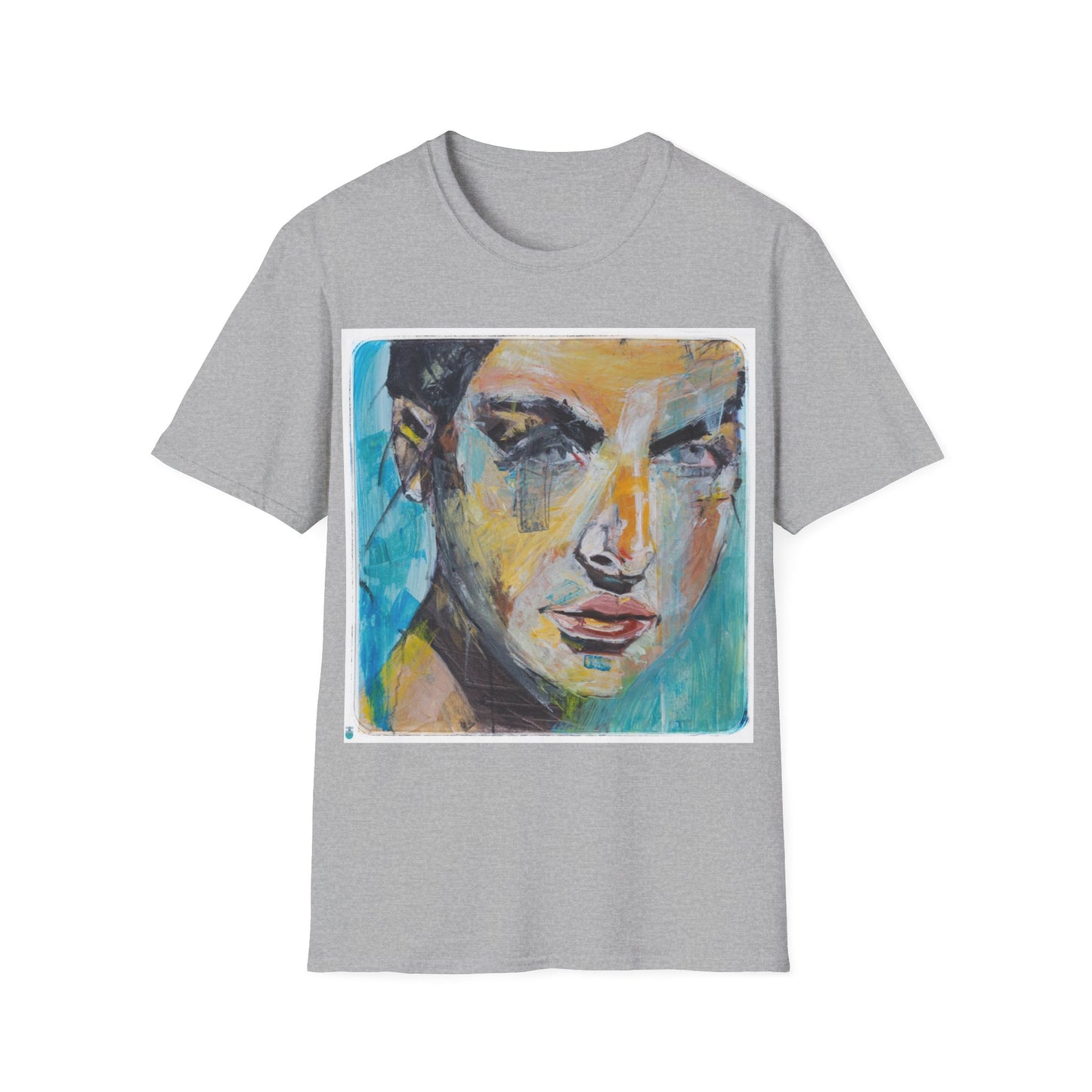 Unisex Softstyle T-Shirt featuring kelly in blue, an original oil painting portrait