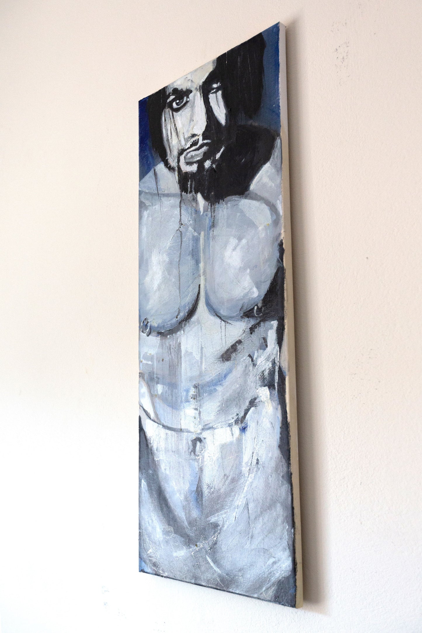 Naked Male Portrait, Original Oil on Canvas 80x30cm