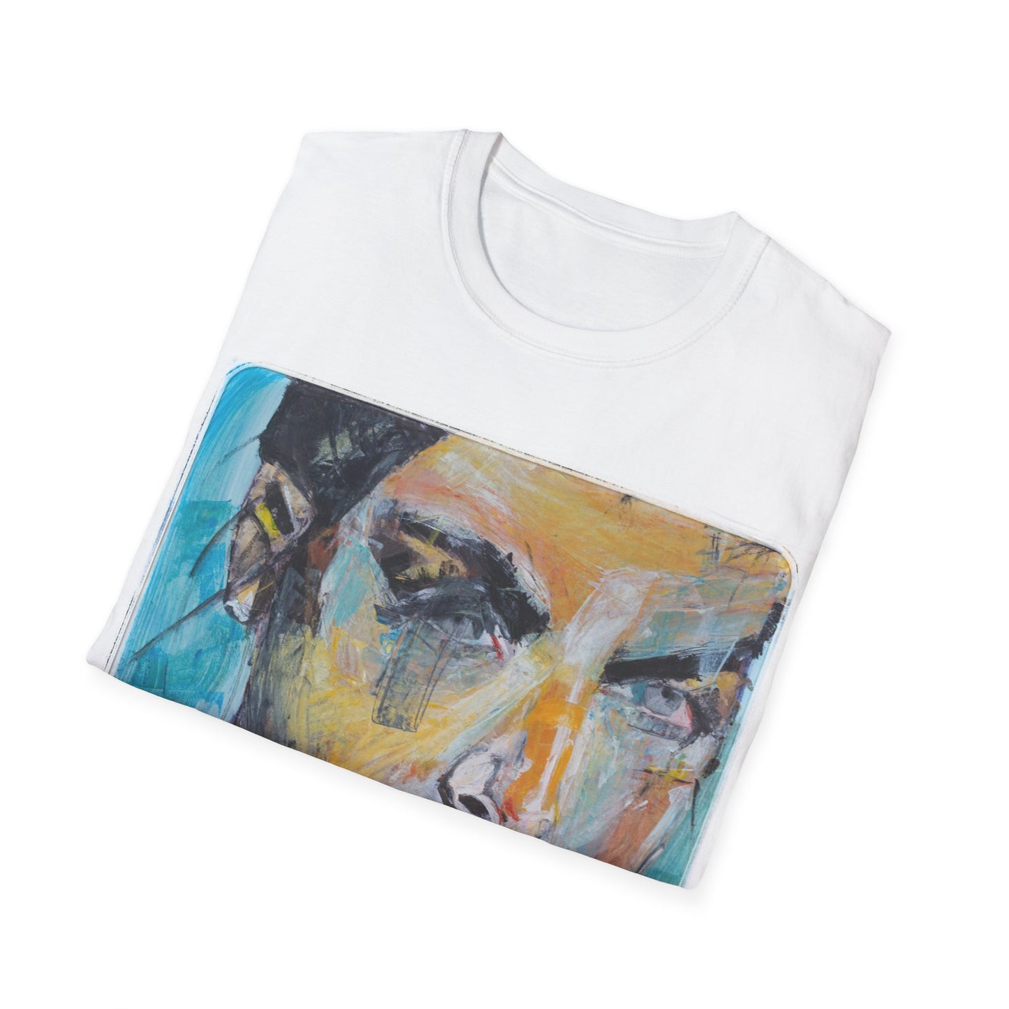 Unisex Softstyle T-Shirt featuring kelly in blue, an original oil painting portrait