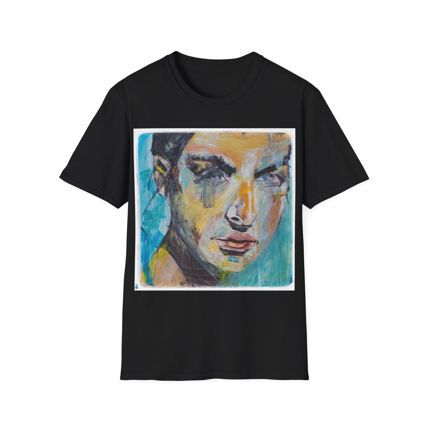 Unisex Softstyle T-Shirt featuring kelly in blue, an original oil painting portrait