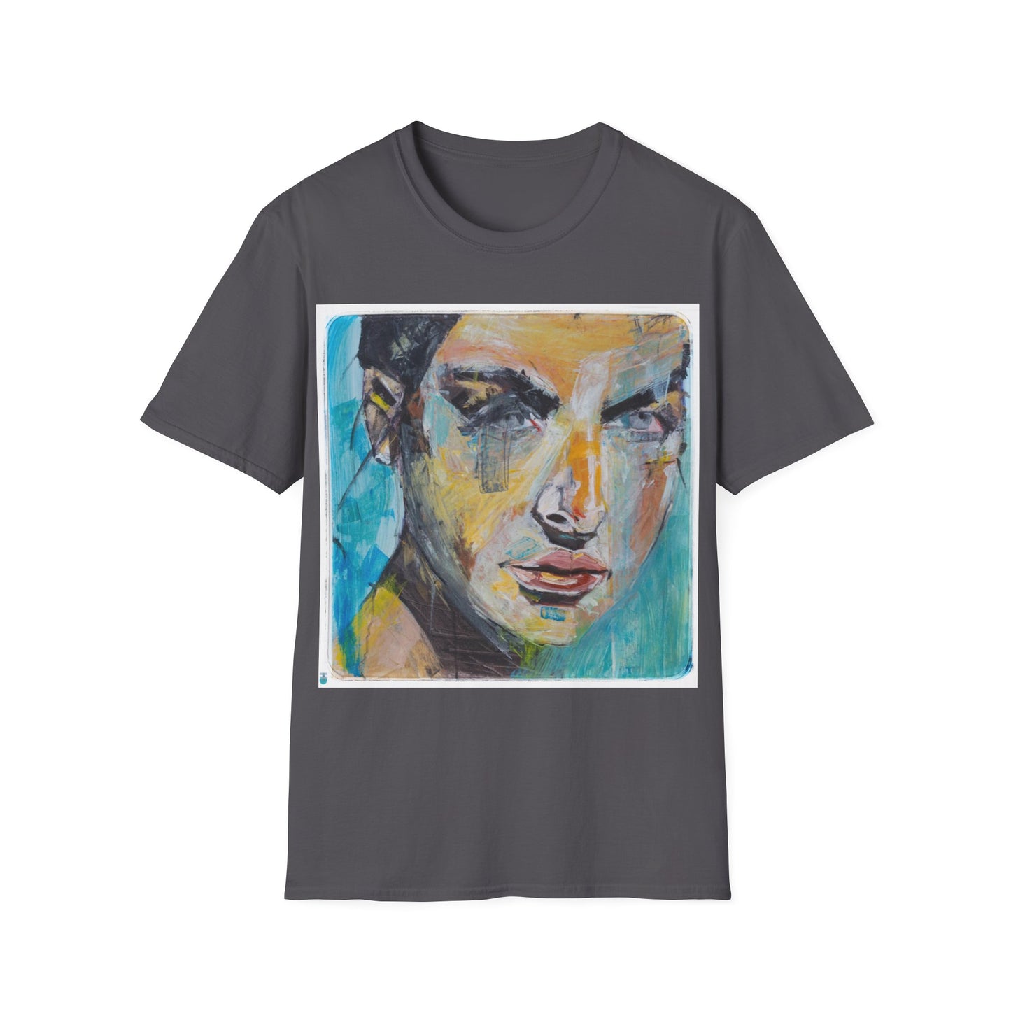 Unisex Softstyle T-Shirt featuring kelly in blue, an original oil painting portrait