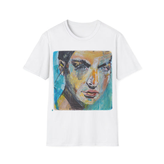 Unisex Softstyle T-Shirt featuring kelly in blue, an original oil painting portrait