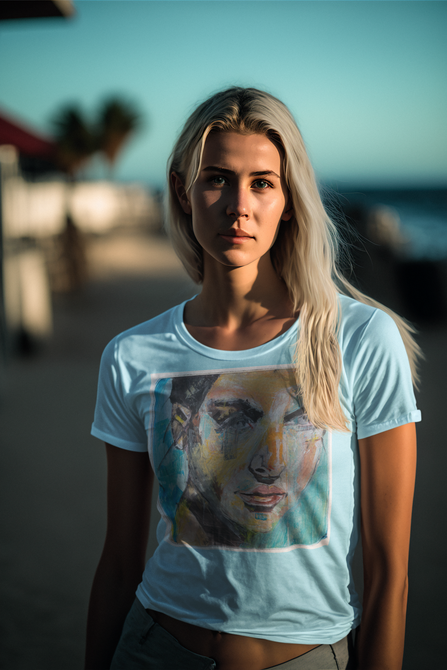 Unisex Softstyle T-Shirt featuring kelly in blue, an original oil painting portrait